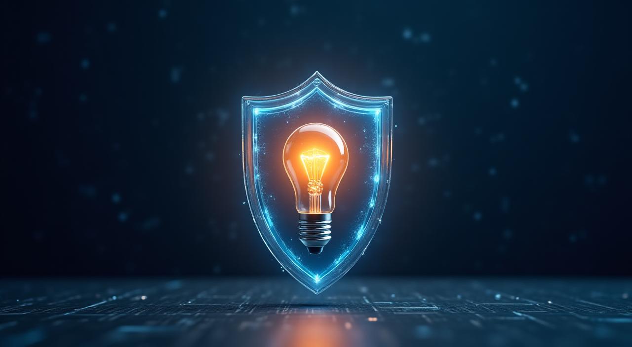 Creative concept showing a lightbulb protected by a digital shield and architectural lines