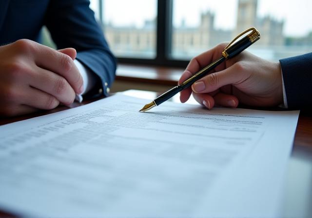 Close up of a legal professional reviewing a precise contract in a London office
