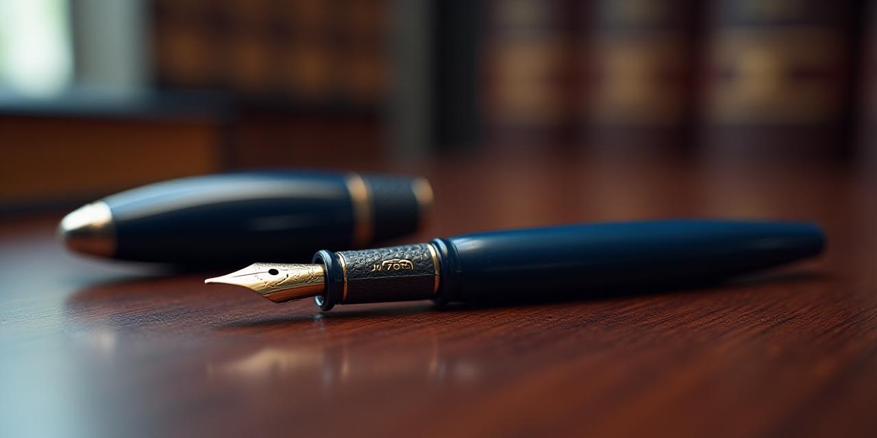 Close up of a fountain pen reflecting on a polished wooden desk in a law office
